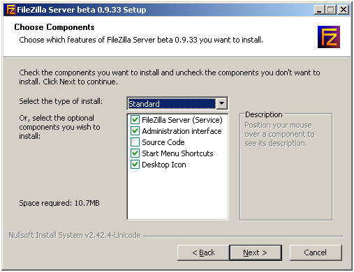 Стандартный тип установки FTP сервера
